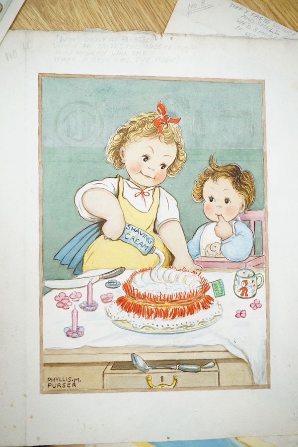 Phyllis Purser (1893-1990), set of six original watercolours for childrens' postcard designs, Humorous children including 'Fish and chips' and 'Take a foam bath' and 'Part with your pounds', each signed, various pencil i